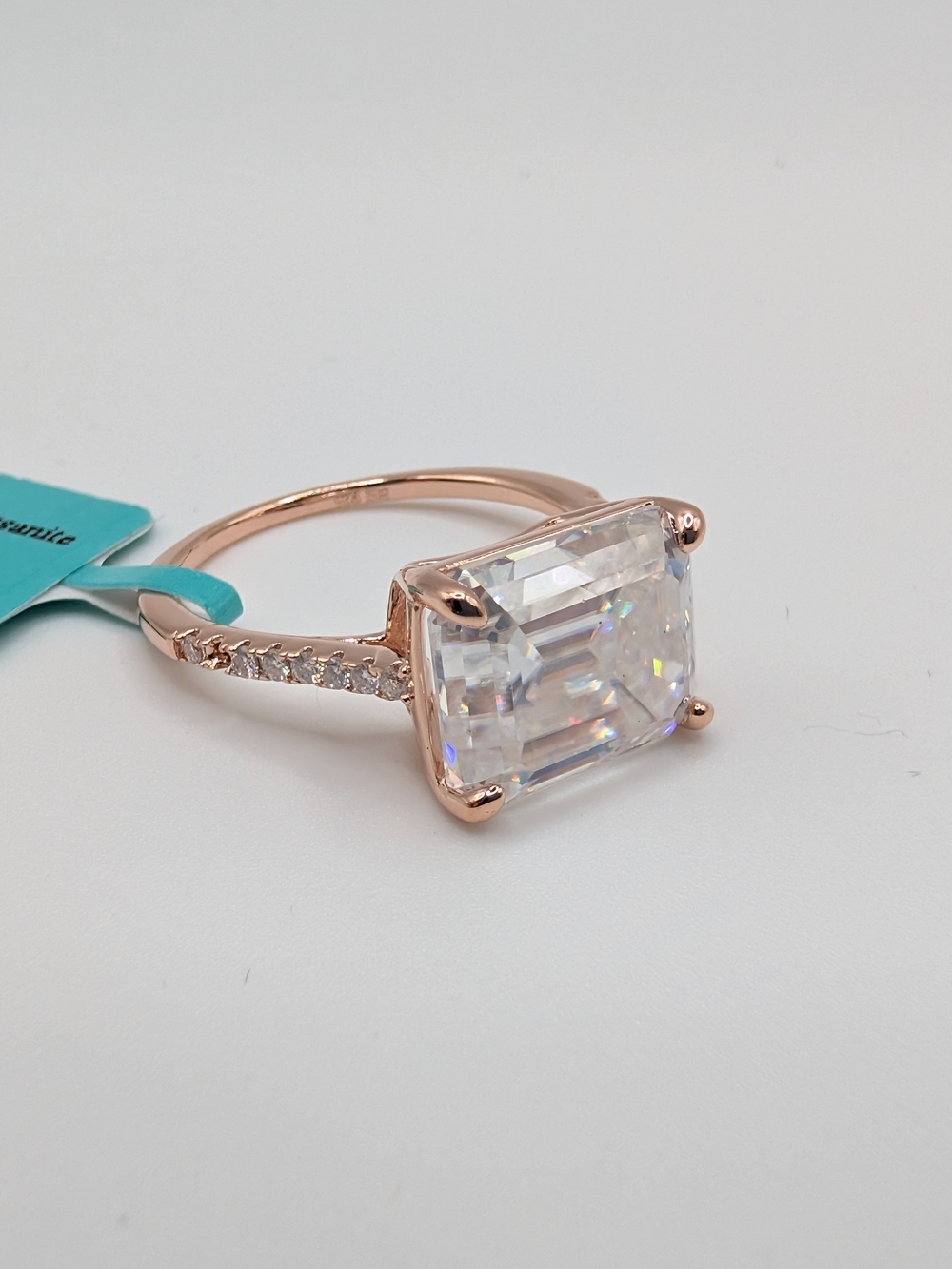 5.34 CTW Emerald Cut Moissanite Ring 925 Sterling Silver Rose Gold Size 8